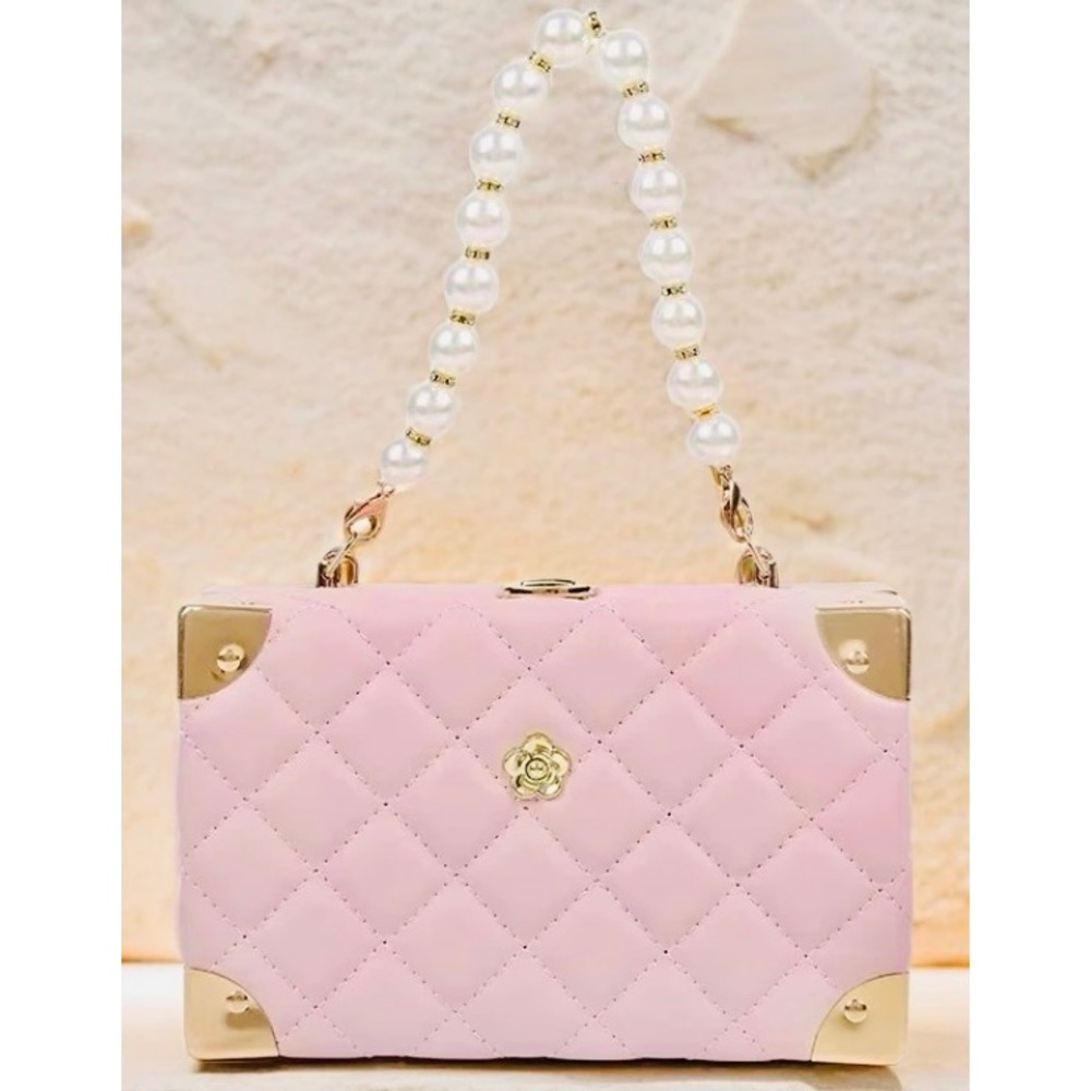 Pink Quilted leather Trunk  Bag Pearl Handle Chain Shoulder Party Bag‎ NWT